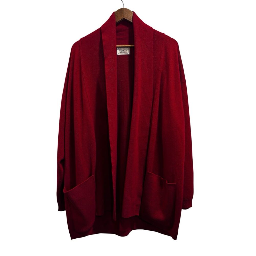 Harrods Johnstons of Elgin Pure Cashmere Red Cardigan Long Open Front Sweater 42